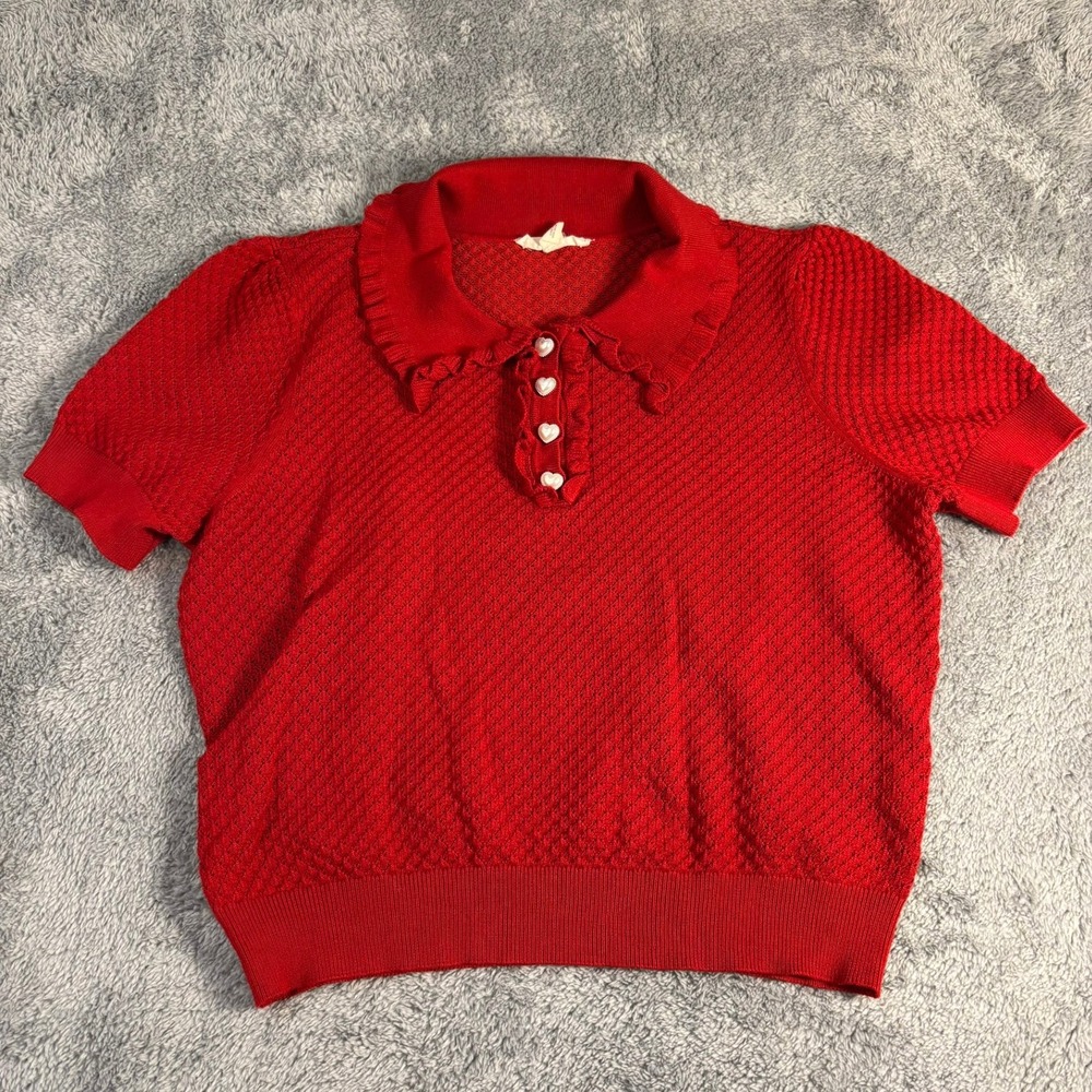 IN San Francisco Red Pointelle Knit Polo Ruffle Heart Button Top XL
